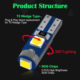 10Pcs T5 LED Lights W1.2W W3W LED Super Bright 3030 LED Car Interior Light Auto Side Wedge Dashboard Gauge Instrument Lamp Bulb (Emitting Color: Green)